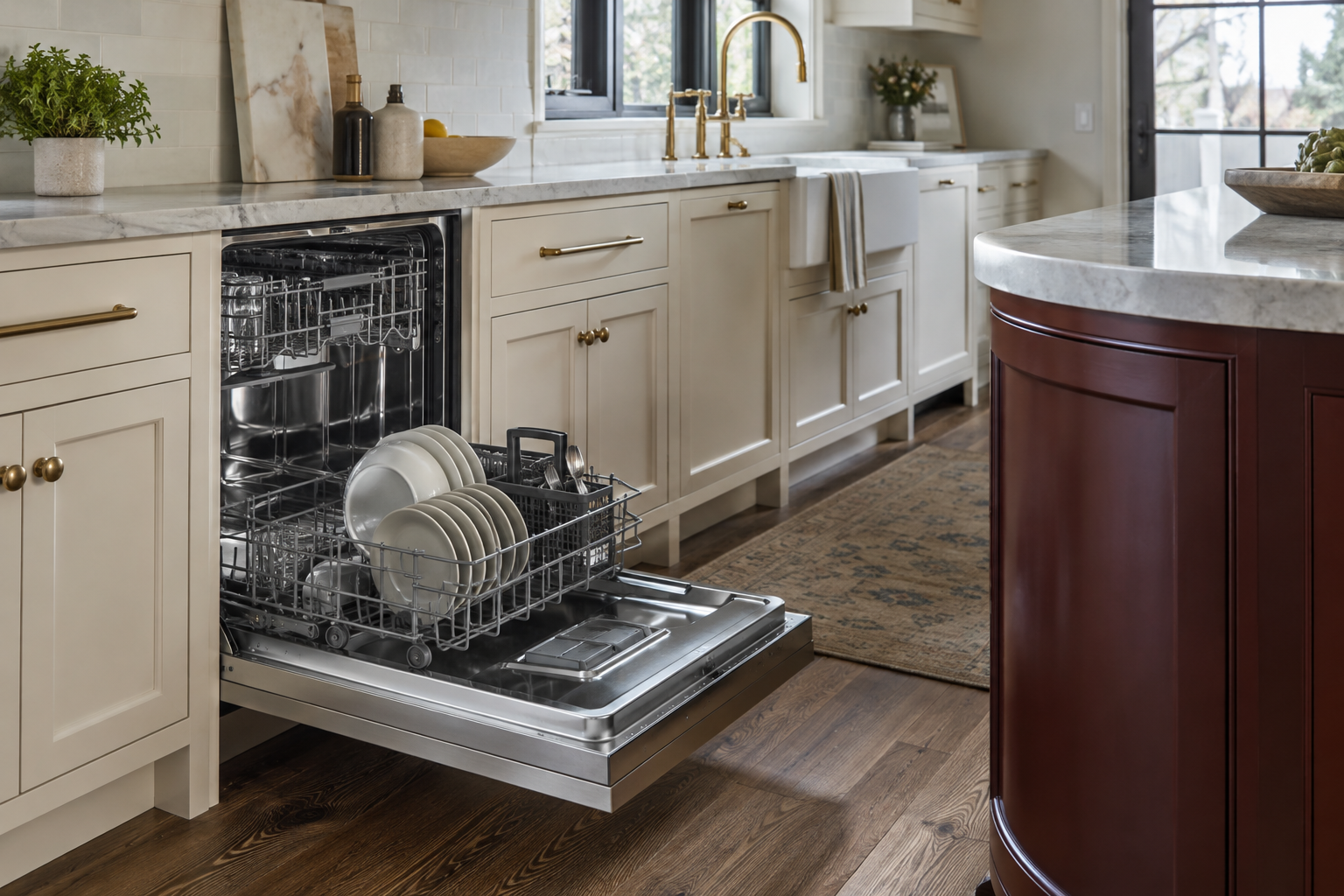 Illustrative Monogram dishwasher in a residential kitchen — AI image for Viking Repair Pelham Manor