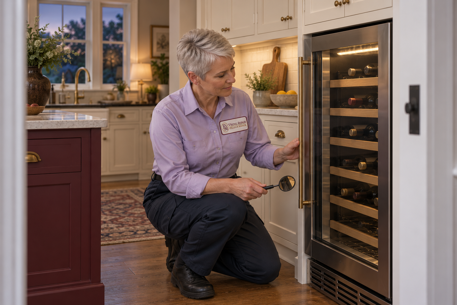 Fictional technician beside a Viking wine cooler — AI illustration for Viking Repair Pelham Manor
