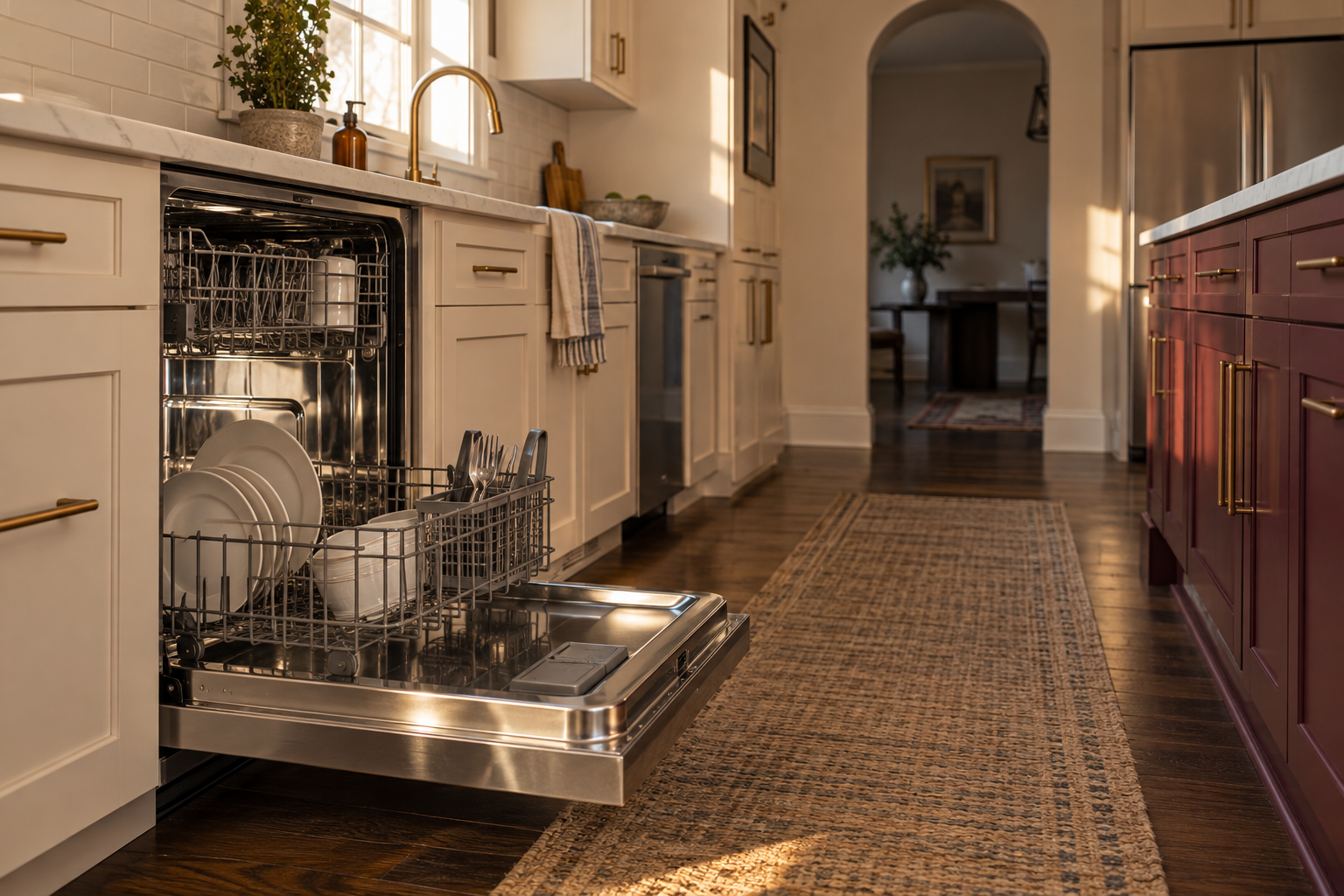 Illustrative Monogram dishwasher in a residential kitchen — AI image for Viking Repair Pelham Manor