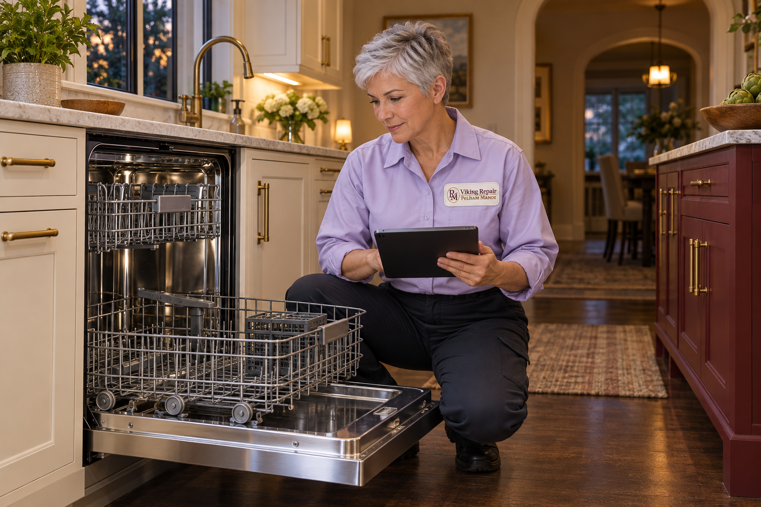 Fictional technician beside a Viking dishwasher — AI illustration for Viking Repair Pelham Manor