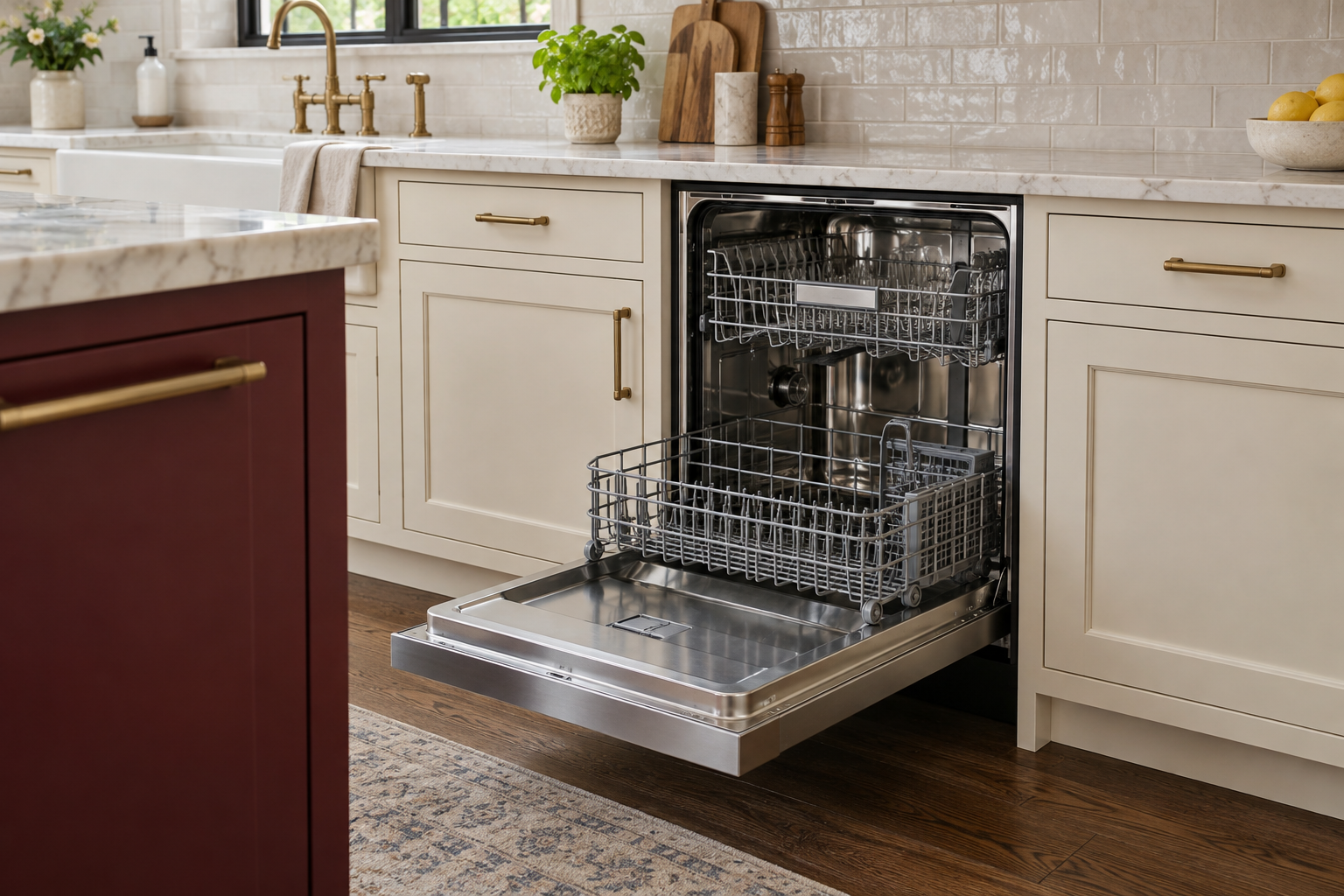 Illustrative Monogram dishwasher in a residential kitchen — AI image for Viking Repair Pelham Manor