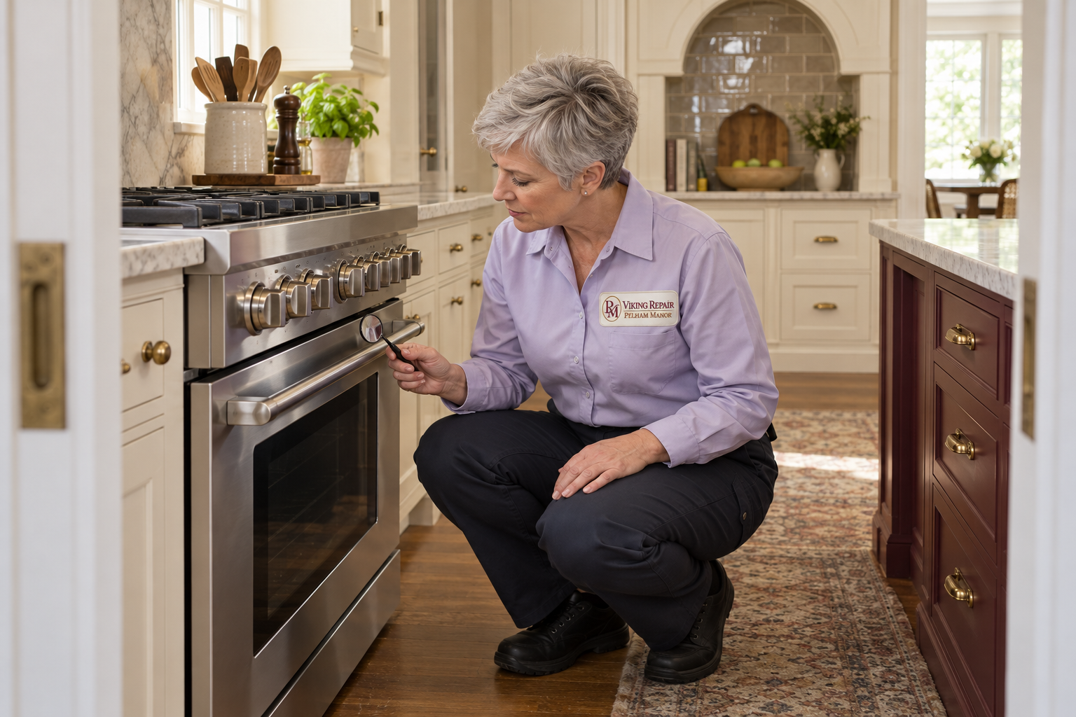 Fictional technician beside a Monogram range — AI illustration for Viking Repair Pelham Manor