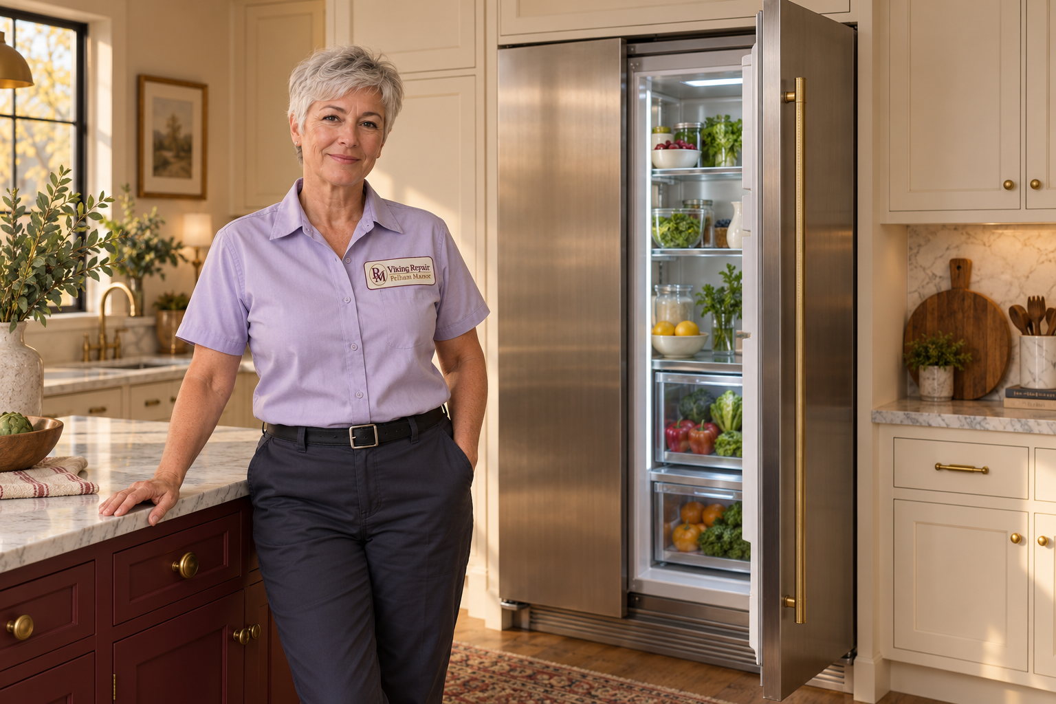 Fictional technician beside a Monogram refrigerator — AI illustration for Viking Repair Pelham Manor