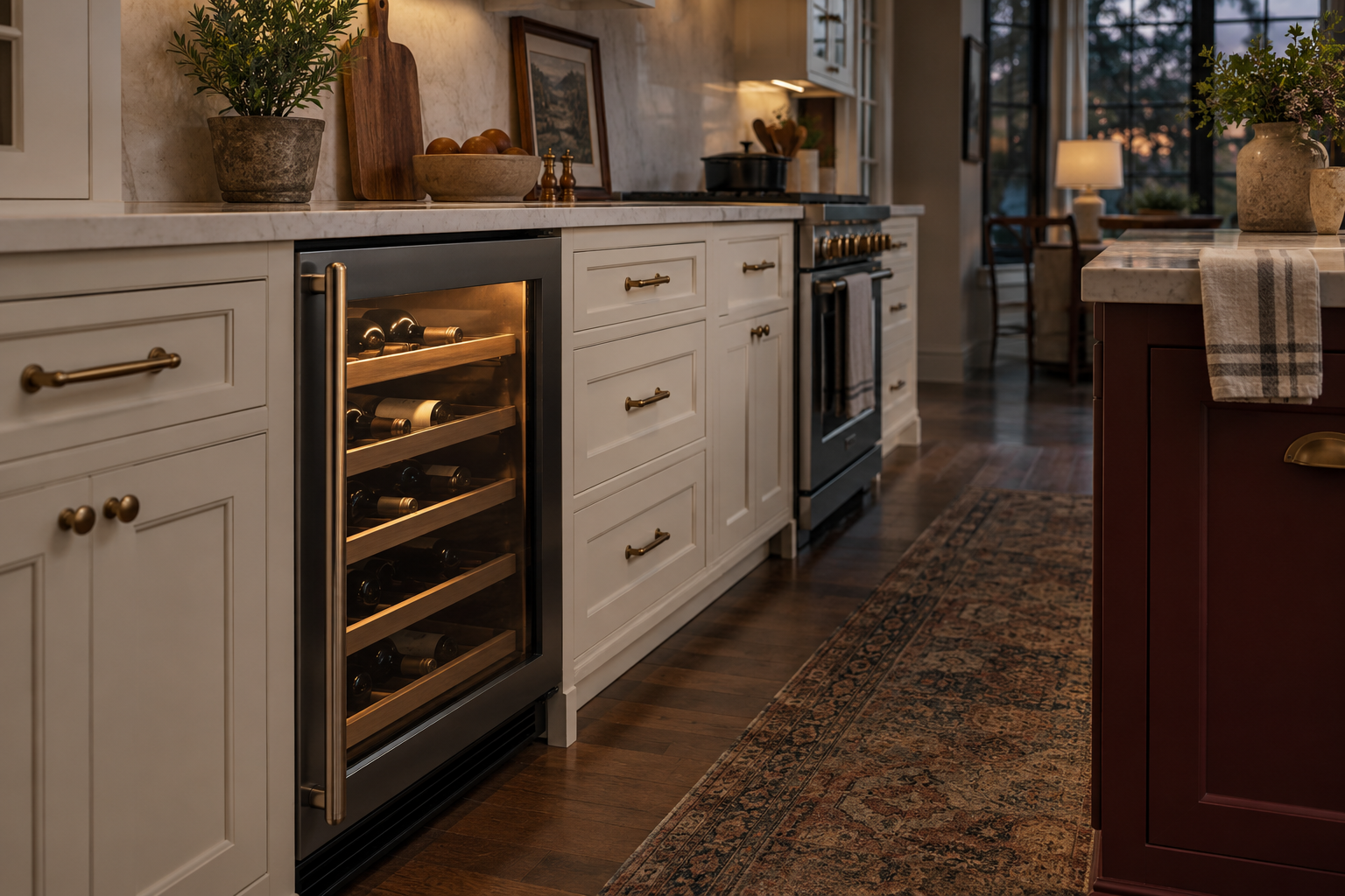 Illustrative Monogram wine cooler in a residential kitchen — AI image for Viking Repair Pelham Manor